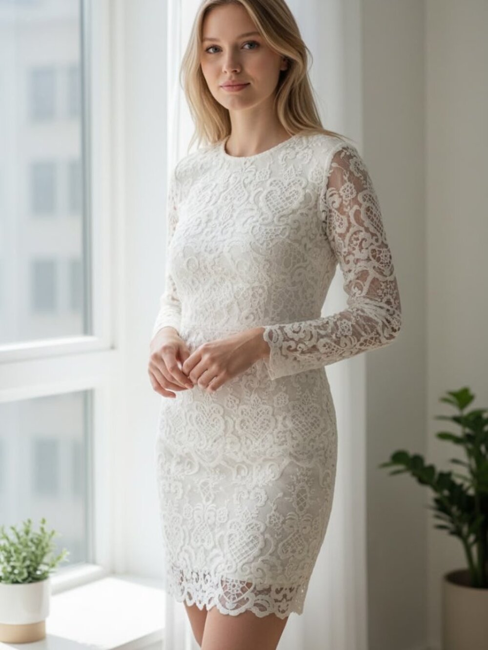 French Connection Women's White Lace Long Sleeve Mini Dress - US 6